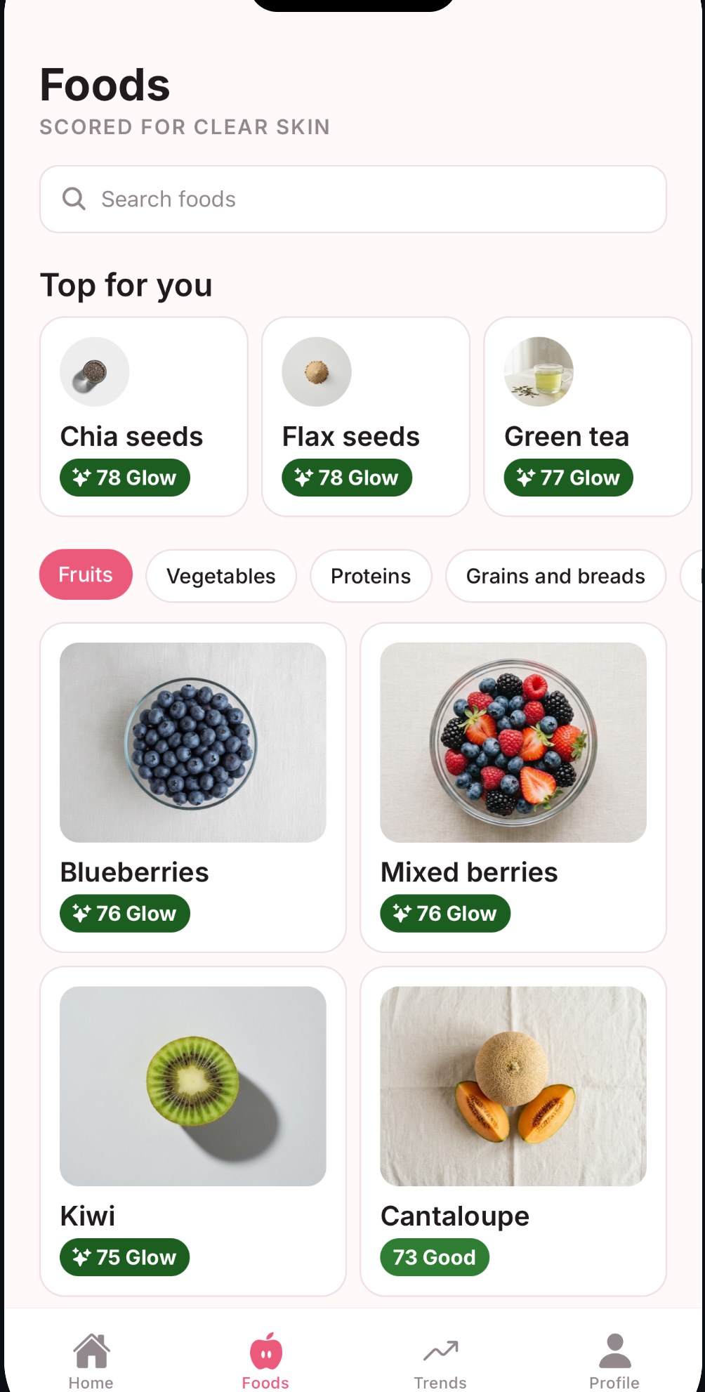 The Foods library with a Top for you rail and category filters