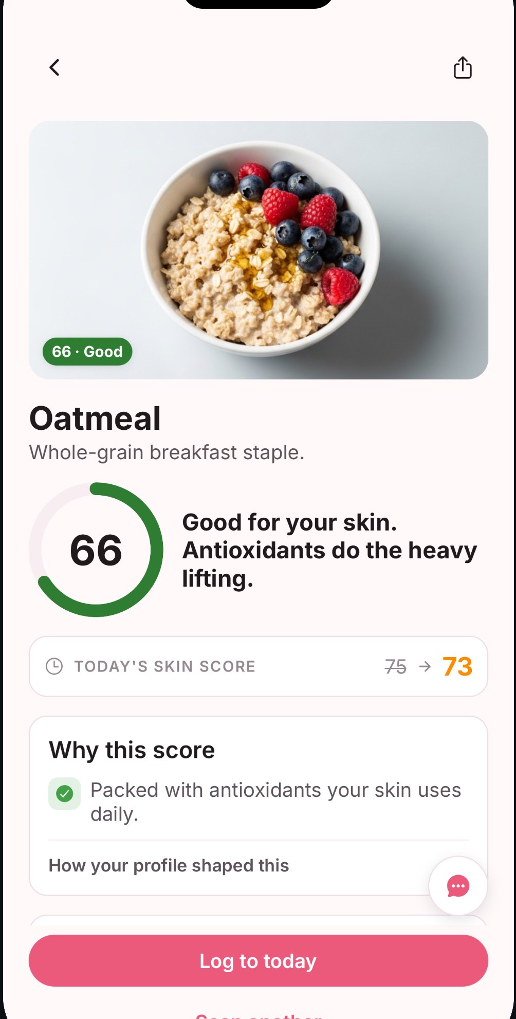 Result screen for a meal in the Good band with its ranked reasons