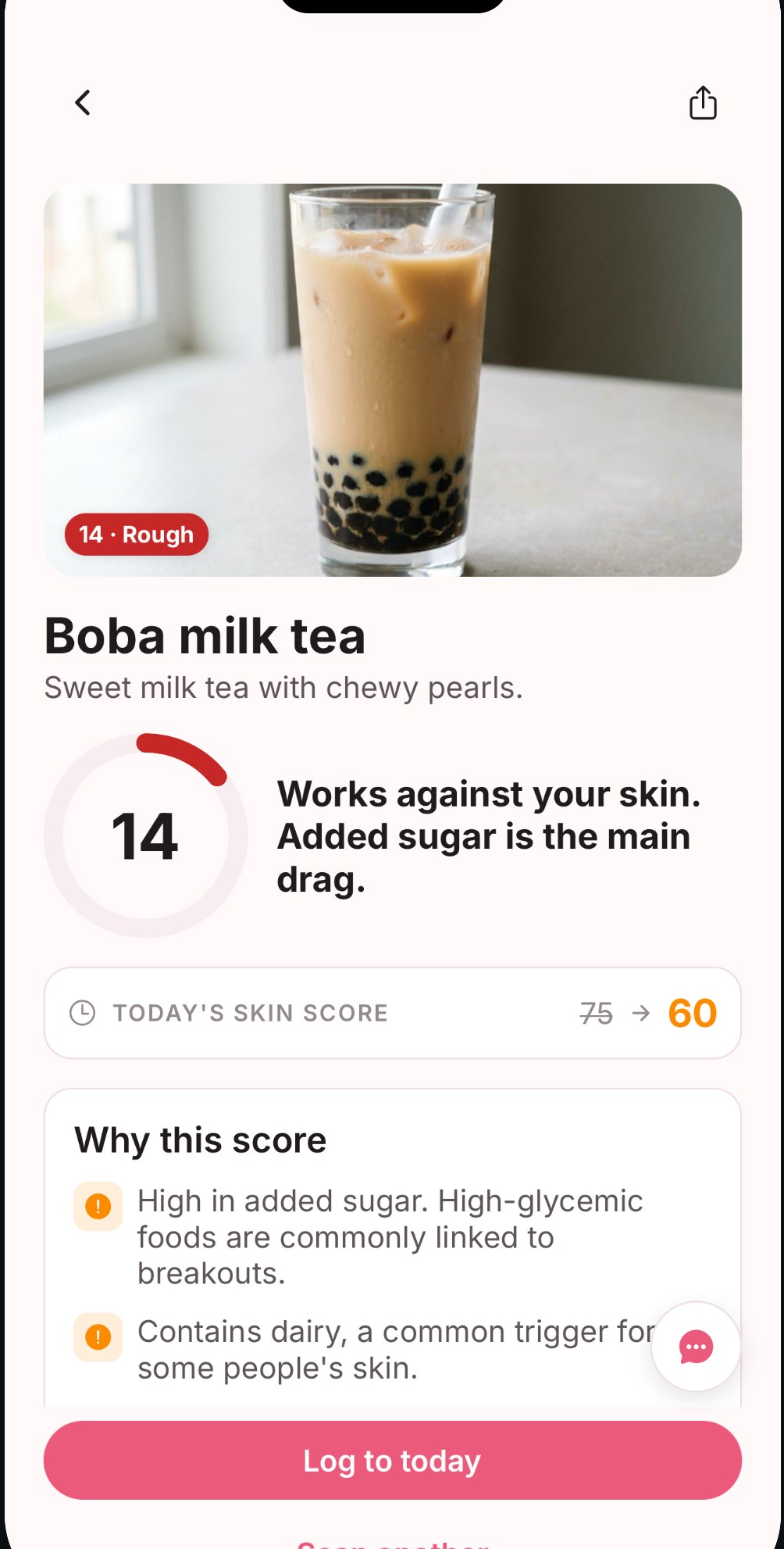 Result screen for boba milk tea scoring 14 in the Rough band